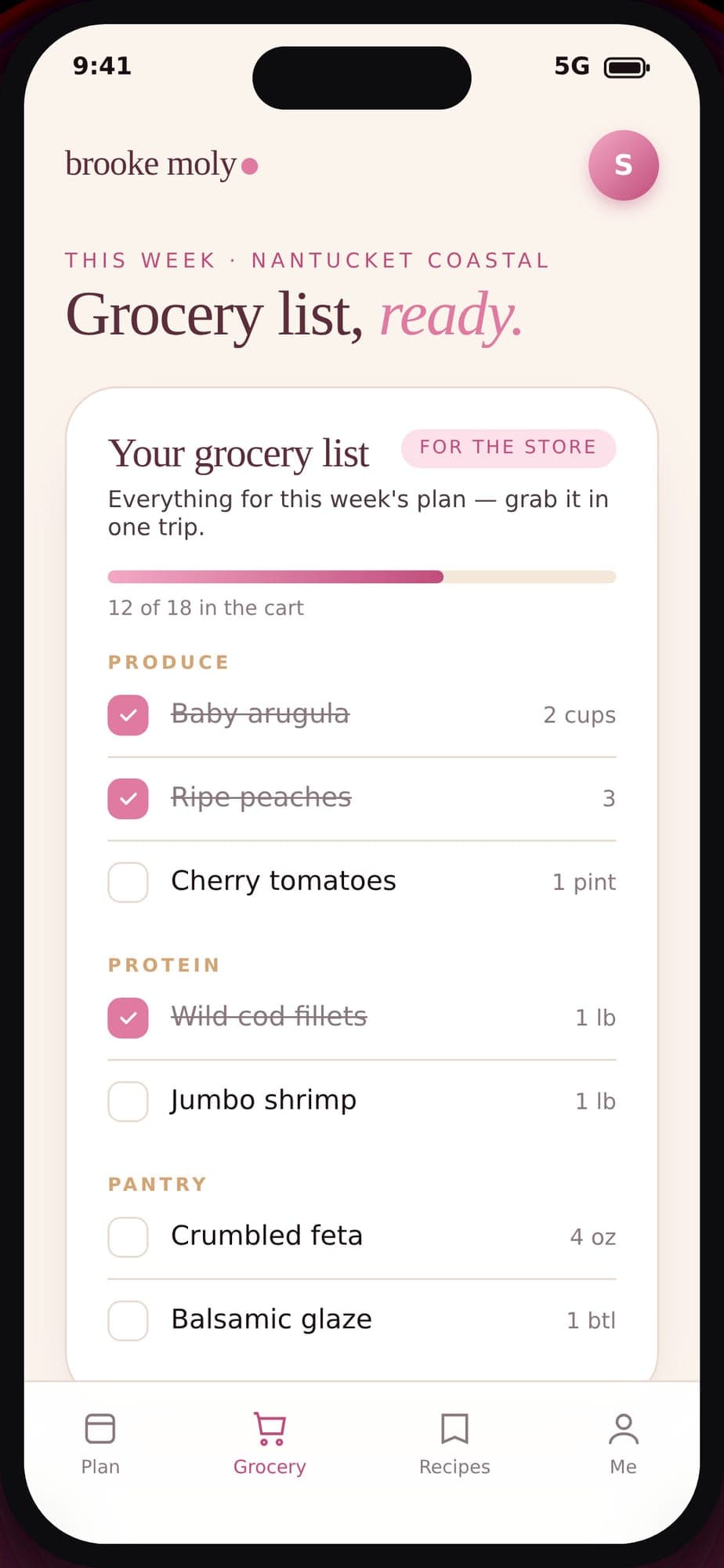 Brooke Moly client portal — this week's grocery list, ready for the store