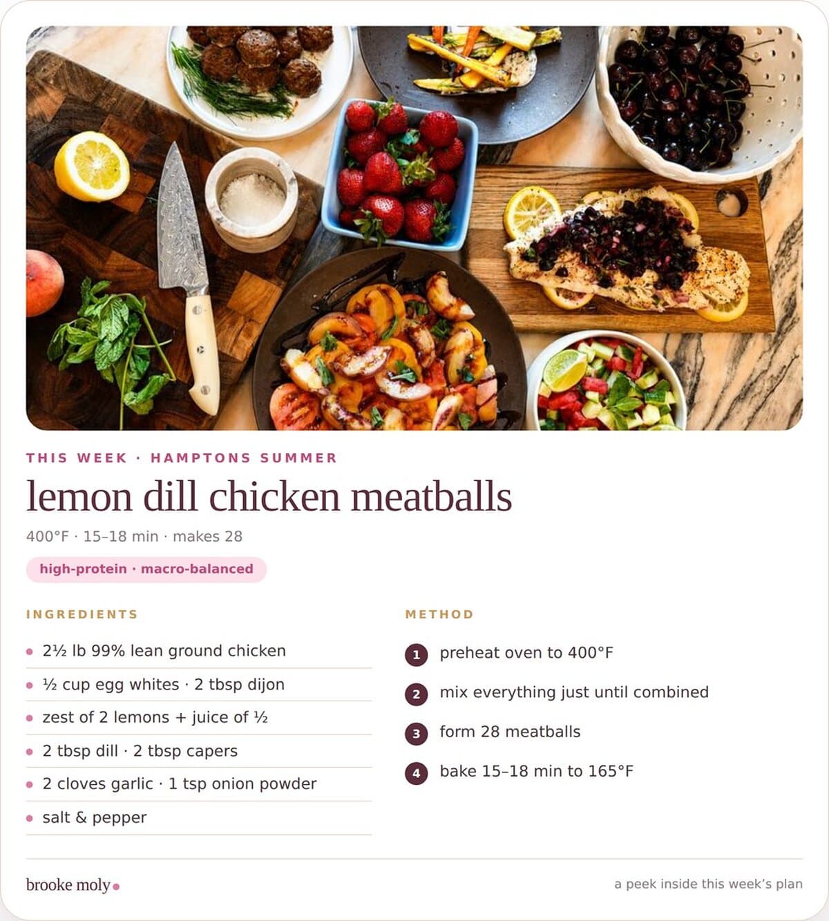 Lemon dill chicken meatballs recipe card
