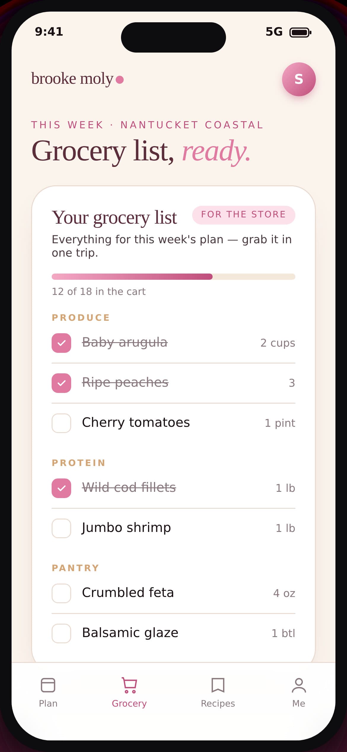 Brooke Moly client portal — this week's grocery list, ready for the store